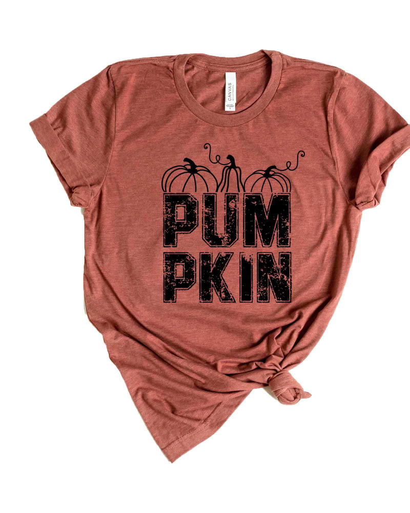 Front of a size 2XL Pumpkin Distressed Short Sleeve Graphic Tee in Rust by Simply Sage Market. | dia_product_style_image_id:301797